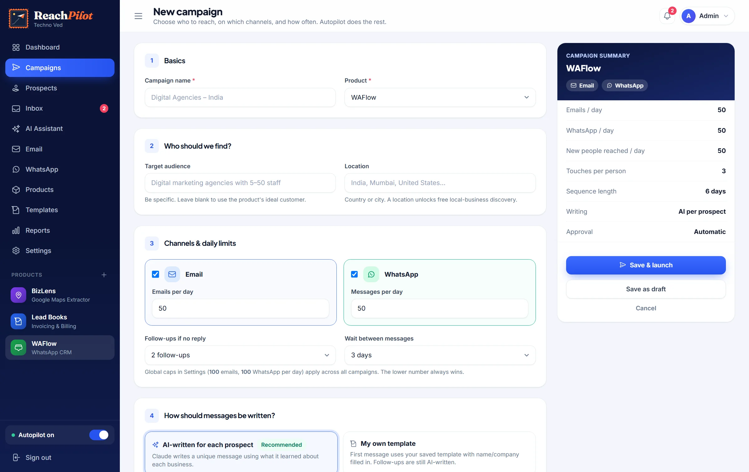 ReachPilot campaign builder screen