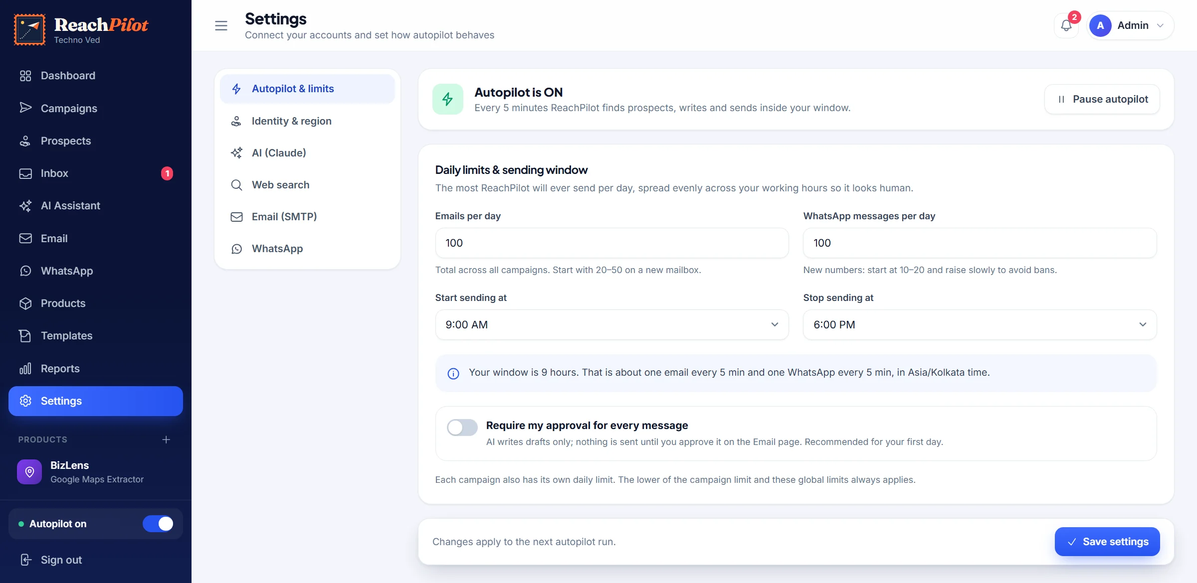 ReachPilot settings: daily limits and sending window